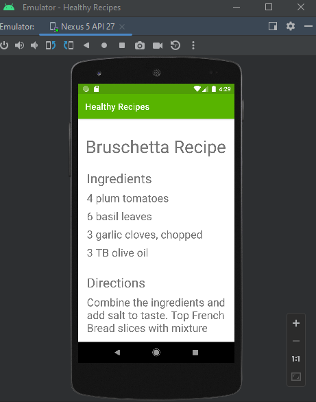 Screenshot of the second page of the Healthy Recipes app