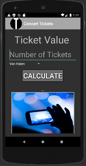 Screenshot of the opening page of the Concert Tickets app