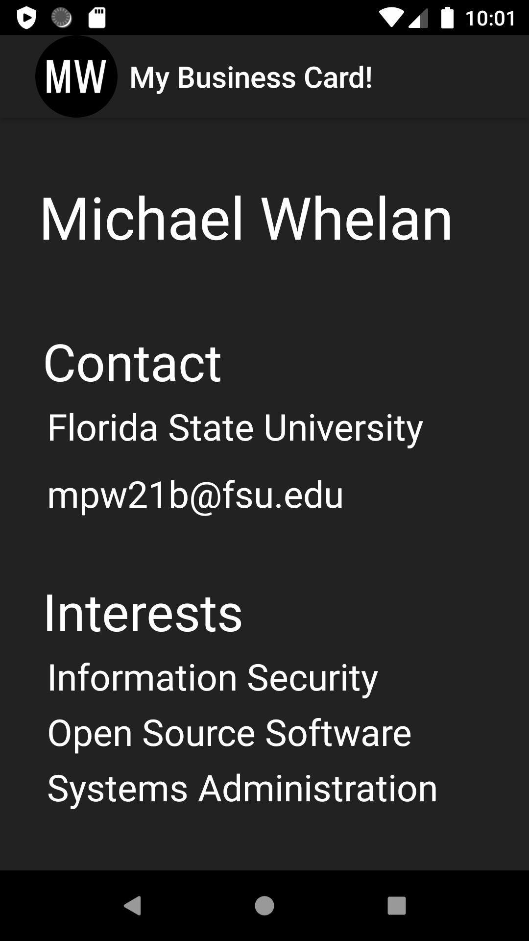 Screenshot of the second page of the Business Card app