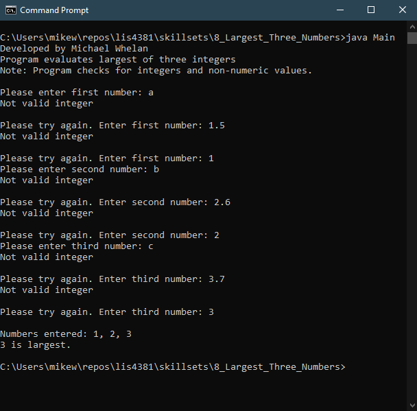 Largest of Three Numbers Java skill set